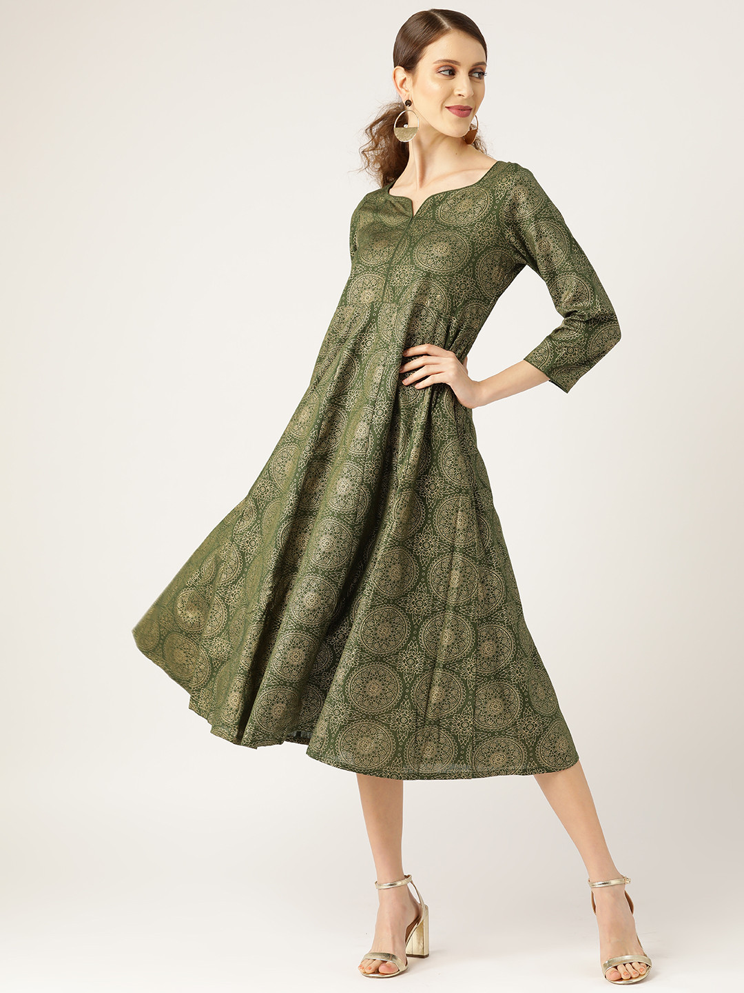 

Shae by SASSAFRAS Women Olive Green & Golden Foil Print A-Line Dress