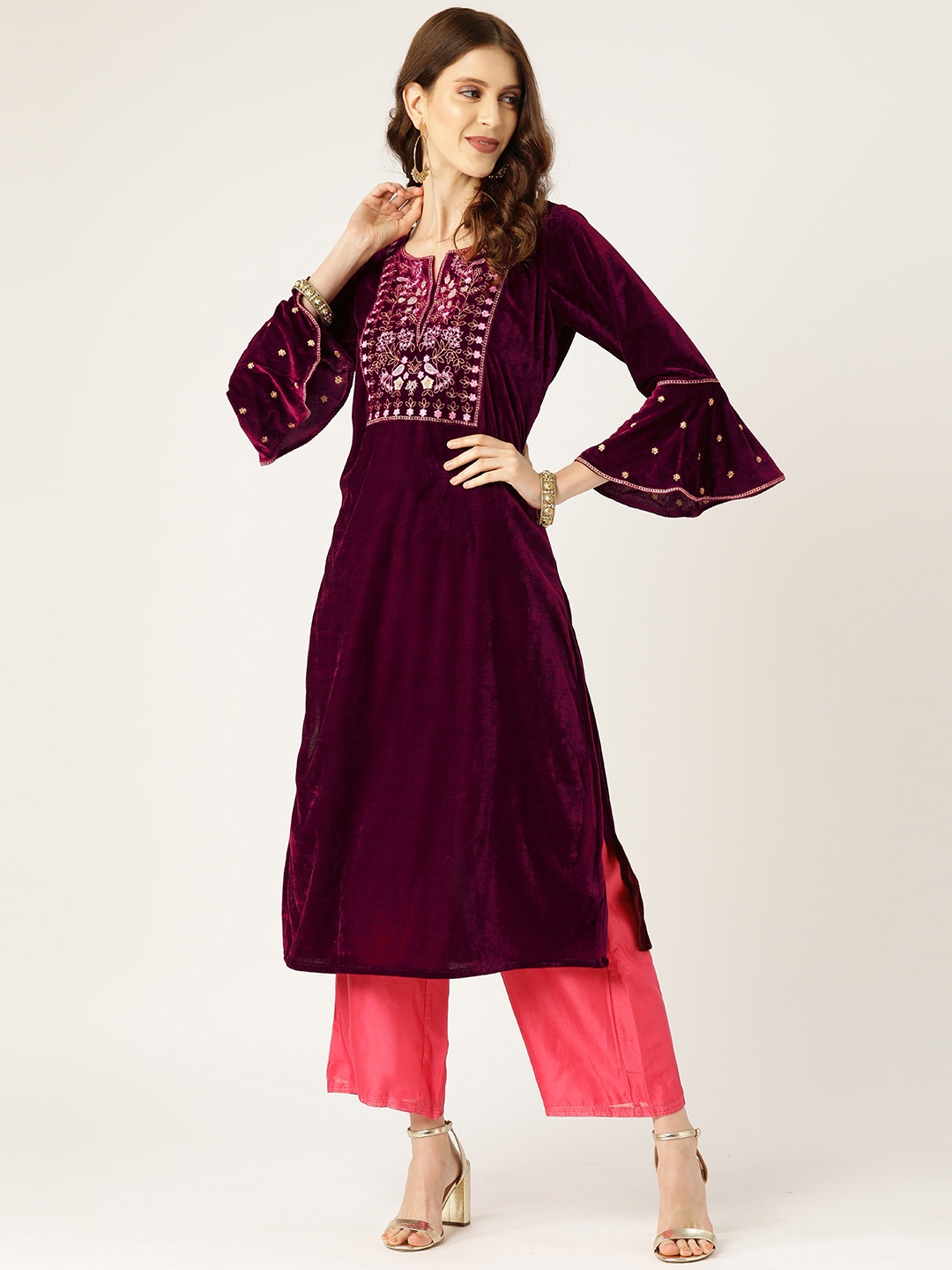 

Shae by SASSAFRAS Women Purple & Golden Yoke Design Velvet Finish Straight Kurta