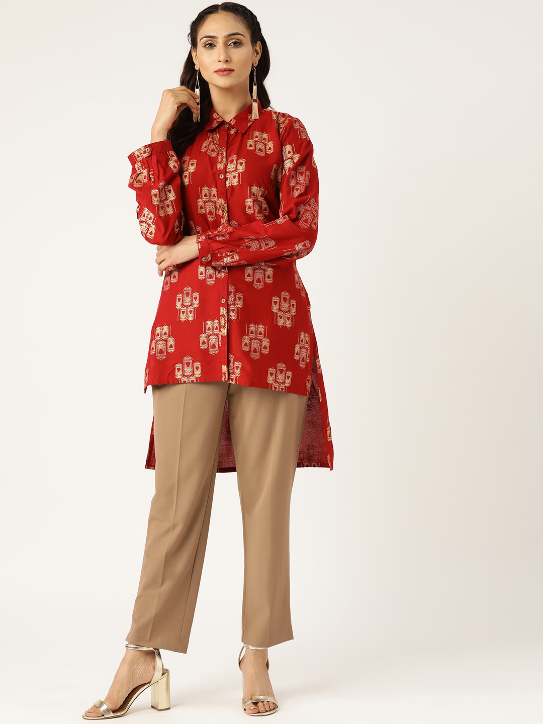 

Shae by SASSAFRAS Women Maroon & Golden Ethnic Print High-Low Shirt