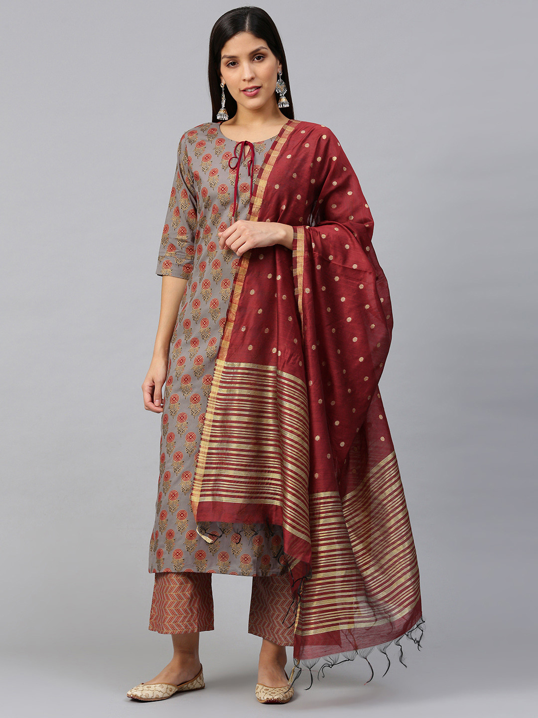 

Indo Era Women Grey & Maroon Foil Printed Kurta with Palazzos & Dupatta
