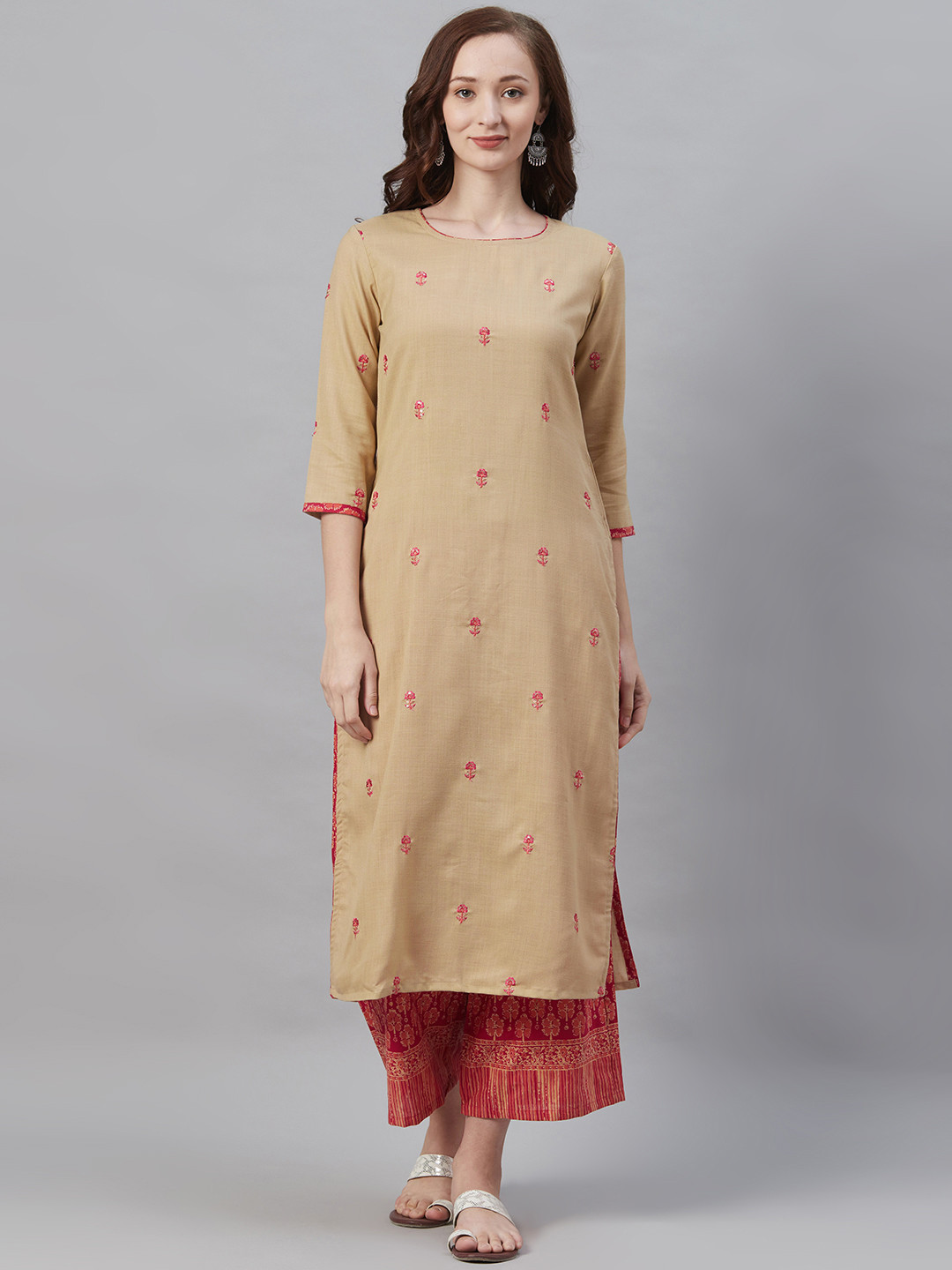 

Indo Era Women Beige & Red Embroidered Kurta with Palazzos