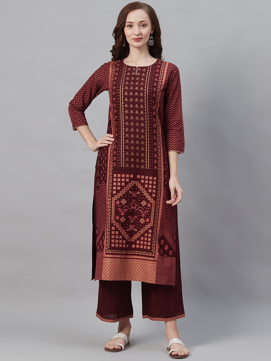 

Indo Era Women Burgundy & Orange Foil Print Kurta with Palazzos