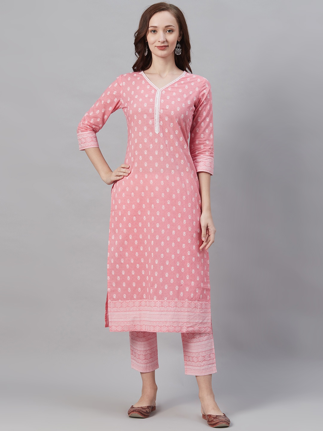 

Indo Era Women Pink & White Printed Kurta with Trousers
