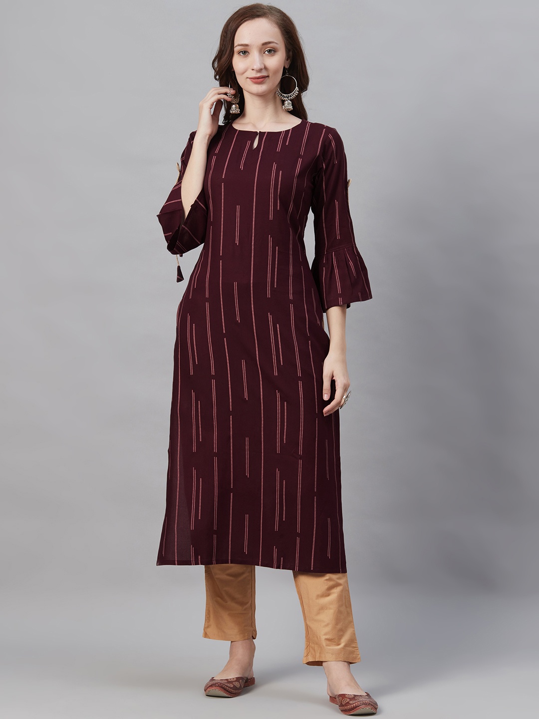 

Indo Era Women Burgundy & Pink Striped Straight Kurta