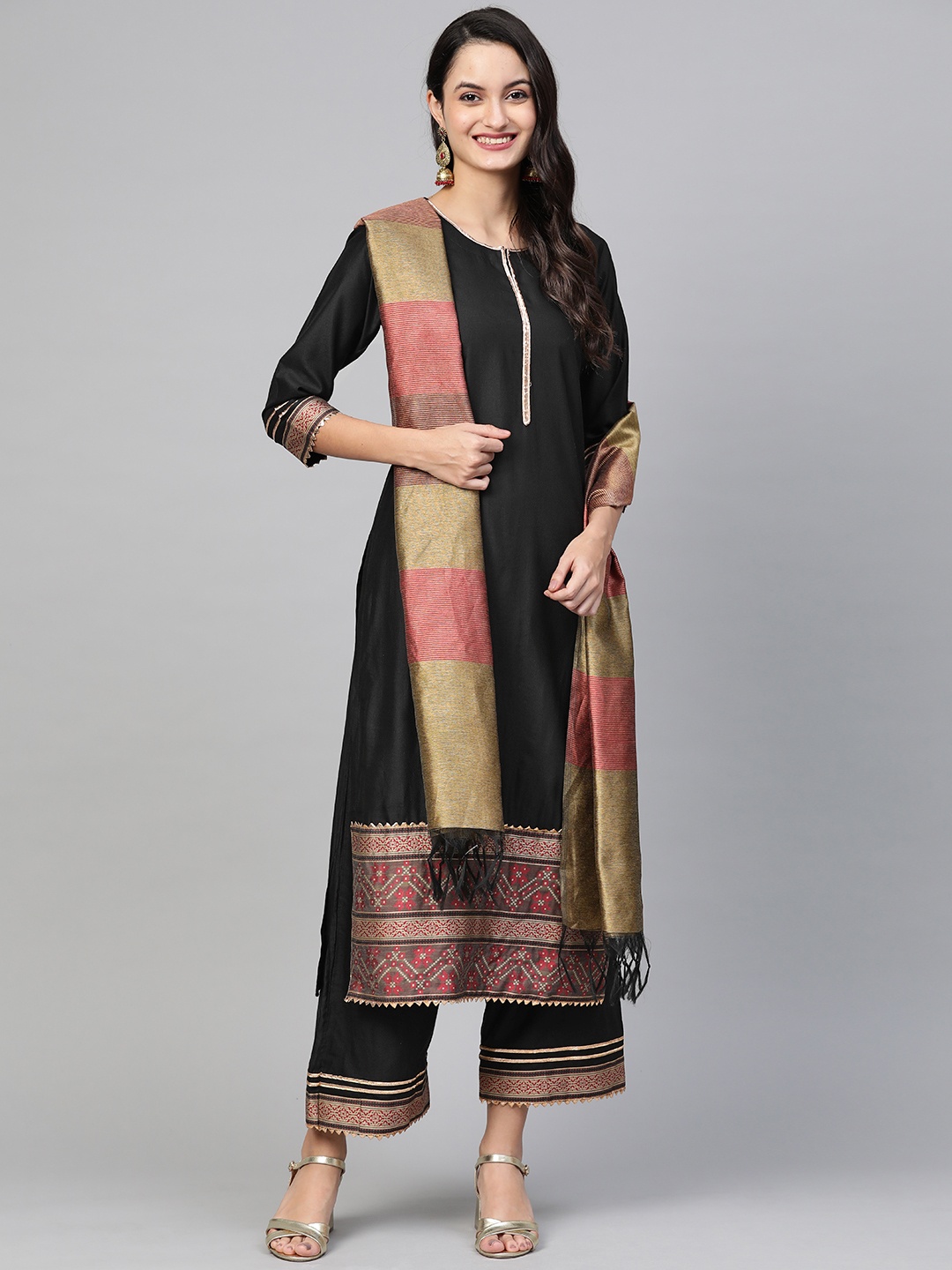 

Indo Era Women Black & Golden Solid Kurta with Palazzos & Dupatta