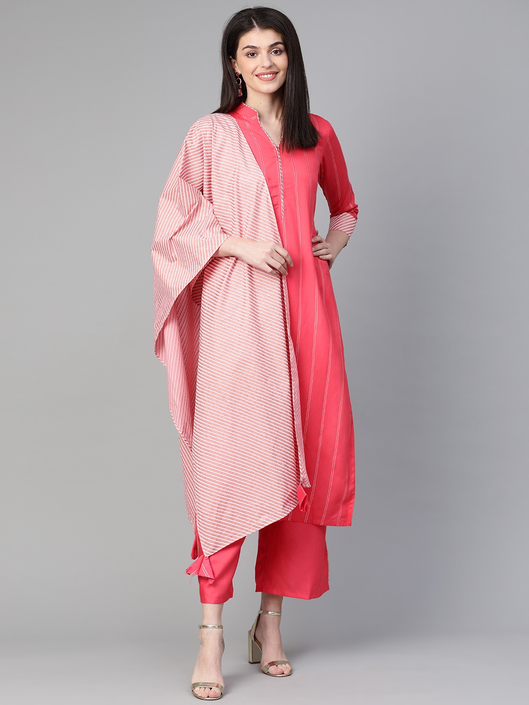 

Indo Era Women Pink & Golden Striped Kurta with Palazzos & Dupatta