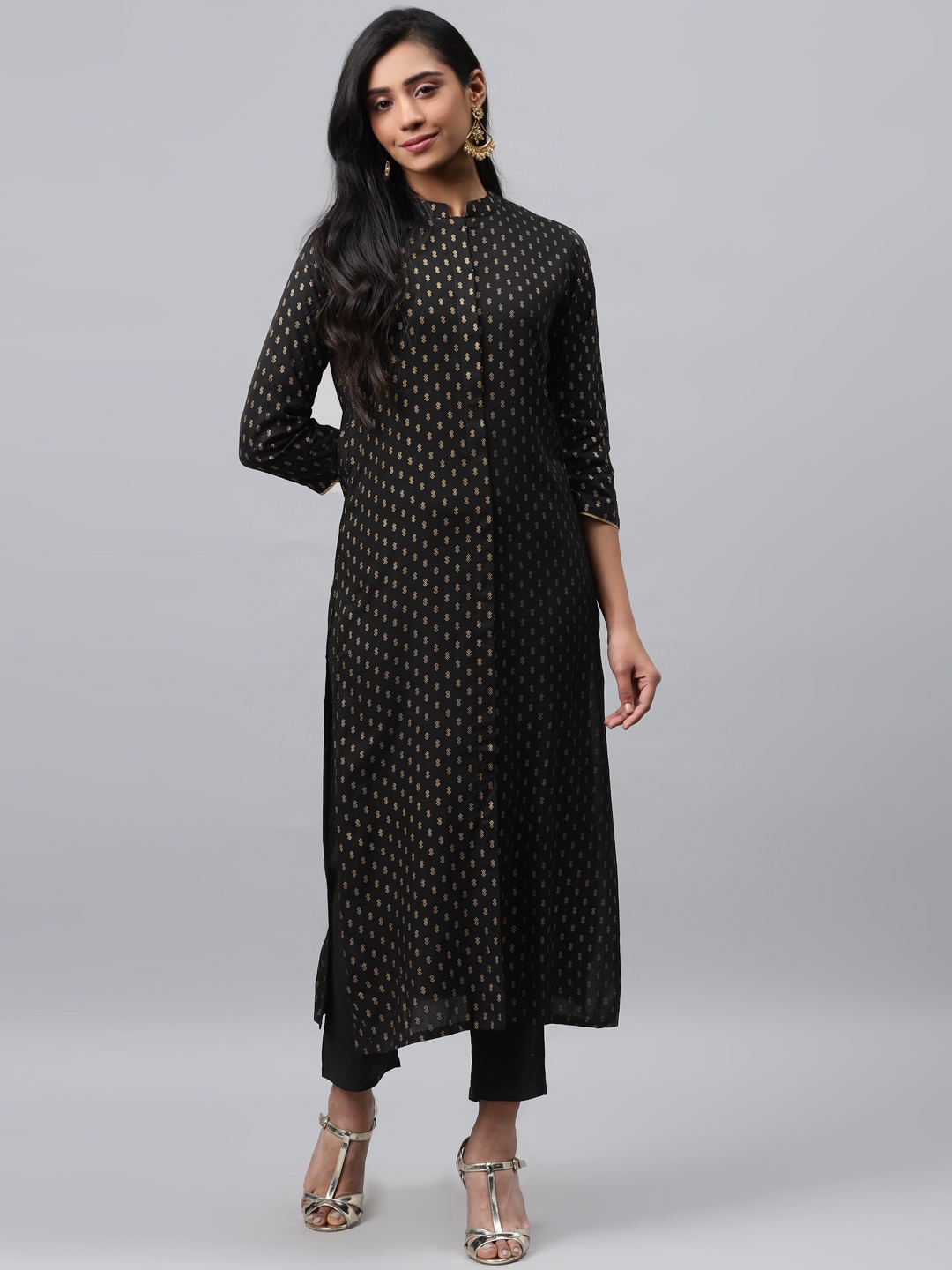 

Indo Era Women Black & Golden Khadi Foil Print Straight Kurta
