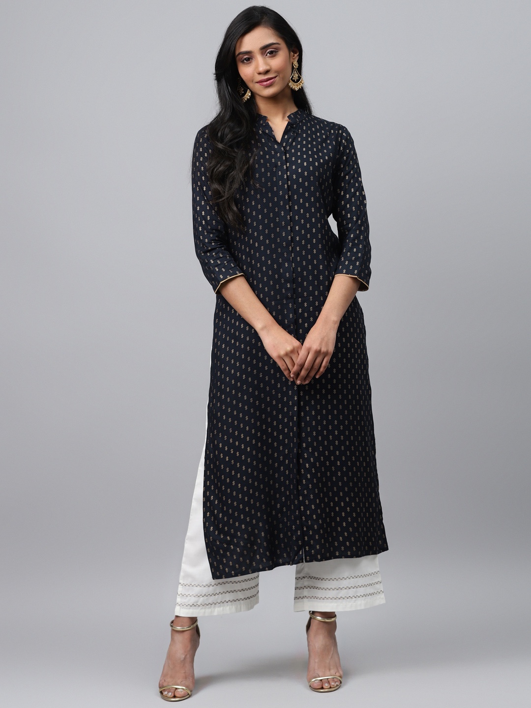

Indo Era Women Navy Blue & Golden Foil Print Straight Kurta