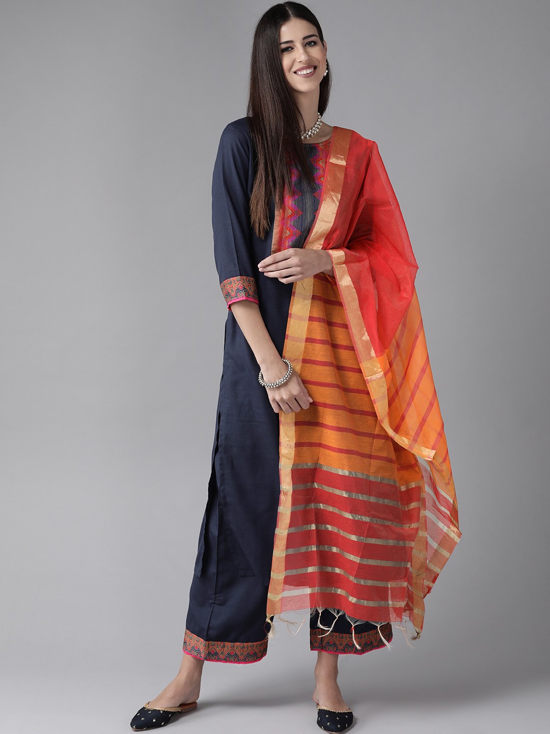 

Indo Era Women Navy Blue Regular Patchwork Kurta with Palazzos & With Dupatta