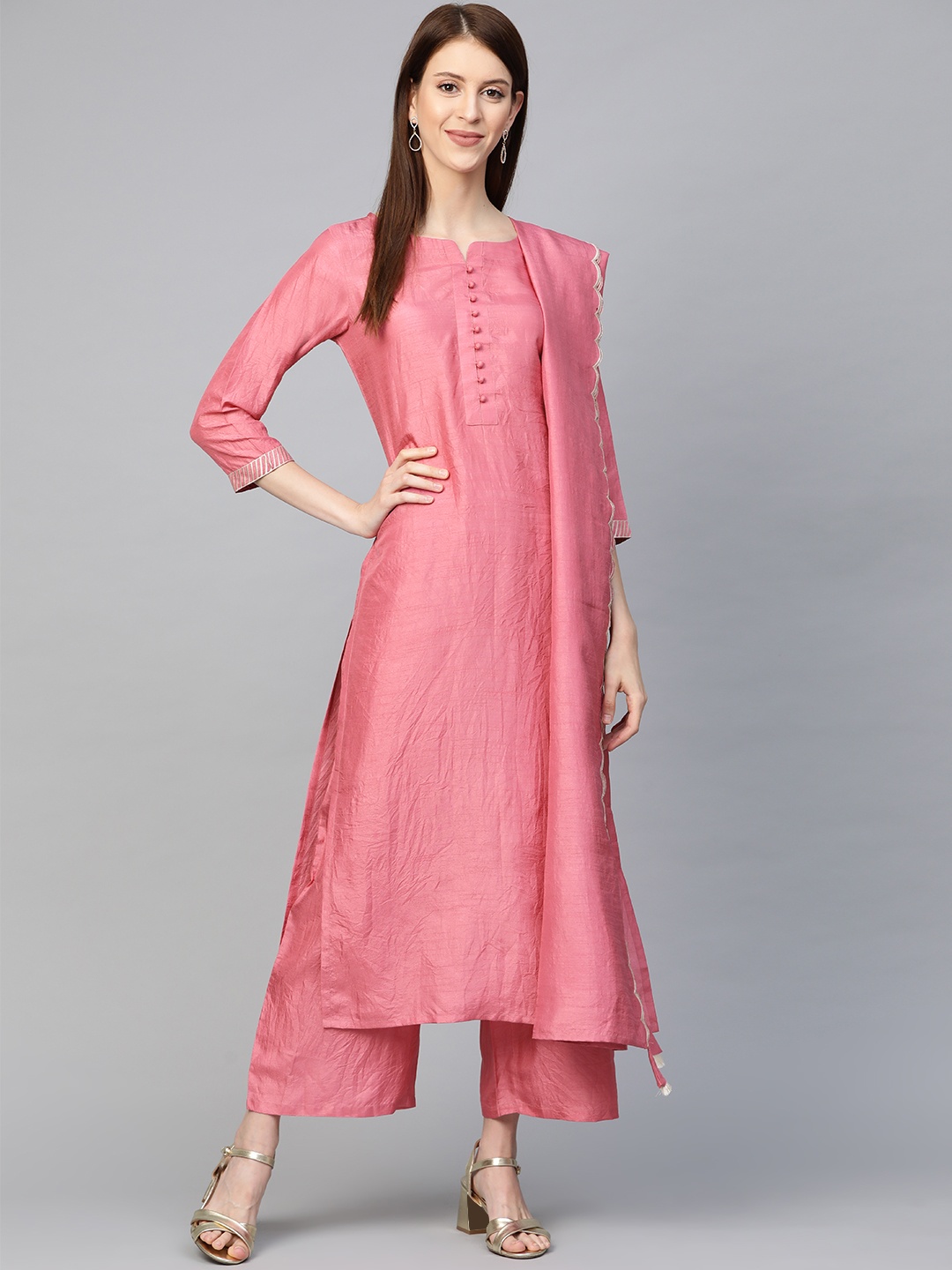 

Indo Era Women Pink Solid Kurta with Palazzos & Dupatta