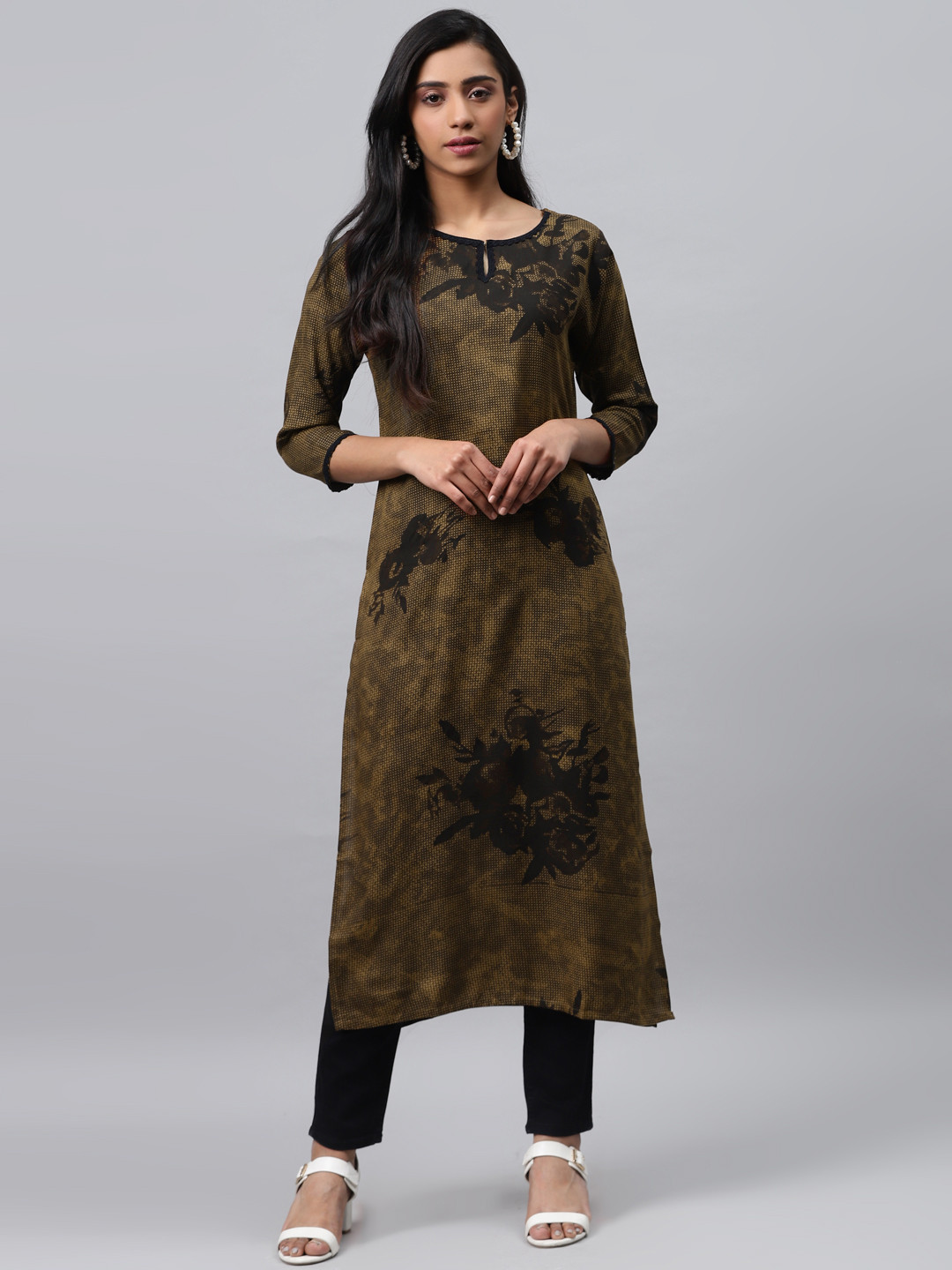 

Indo Era Women Brown & Beige Cotton Floral Printed Straight Kurta