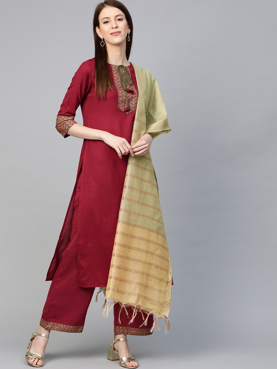 

Indo Era Women Maroon & Beige Yoke Design Kurta with Palazzos & Dupatta