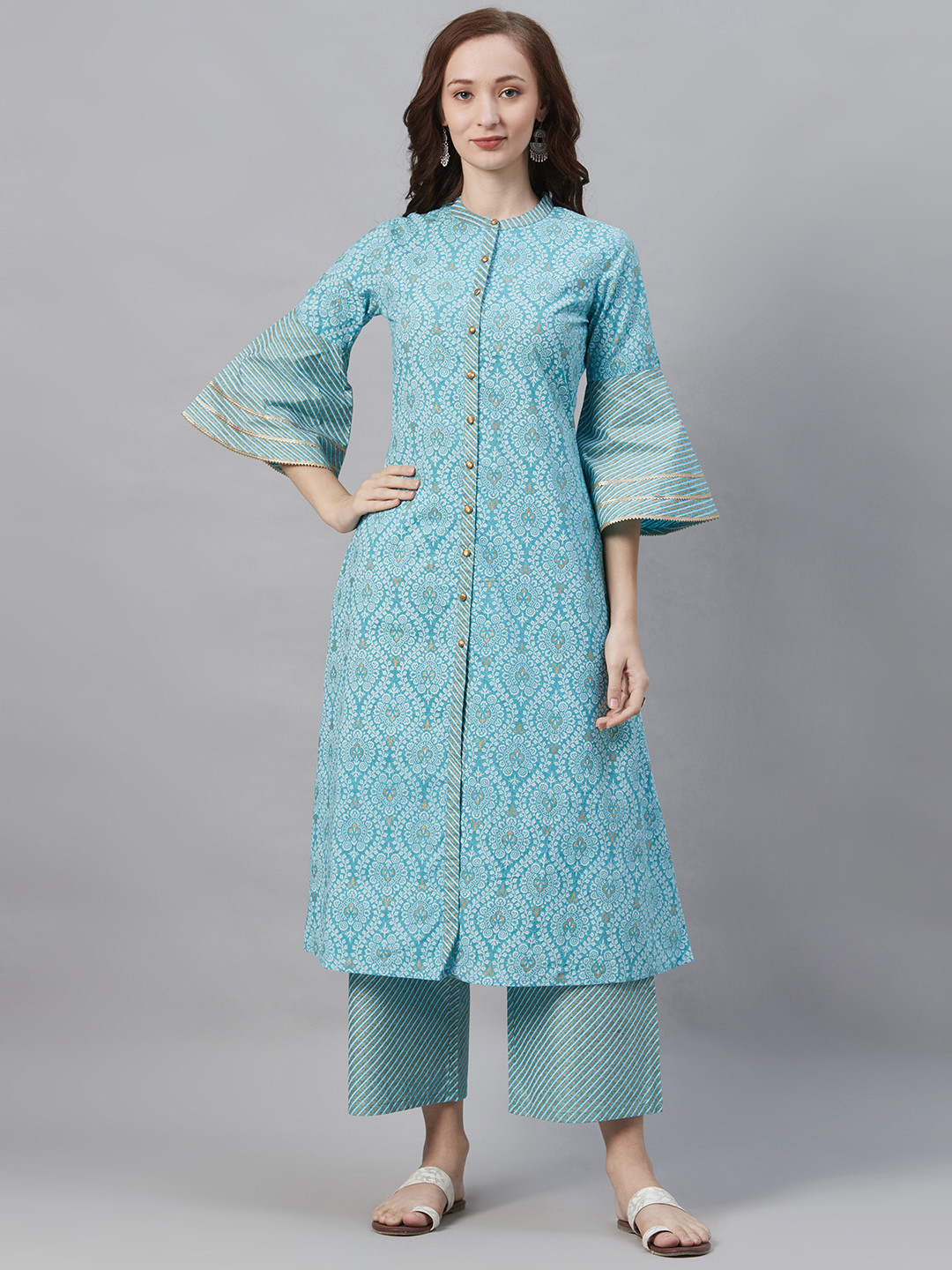 

Indo Era Women Blue & White Foil Print Kurta with Palazzos