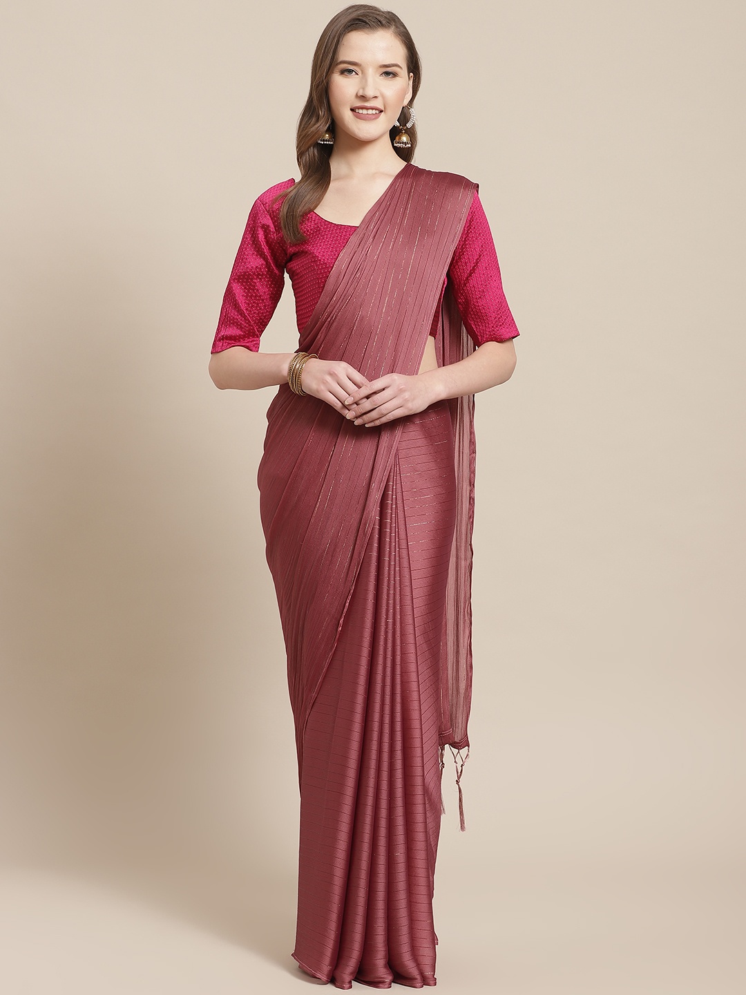 

Saree mall Mauve Striped Saree with Tassels, Red