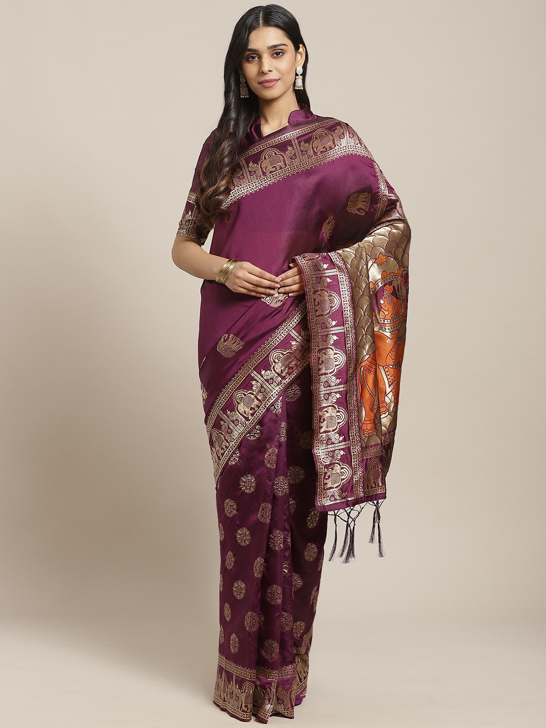 

Saree mall Burgundy & Golden Ethnic Motifs Zari Woven Design Banarasi Saree