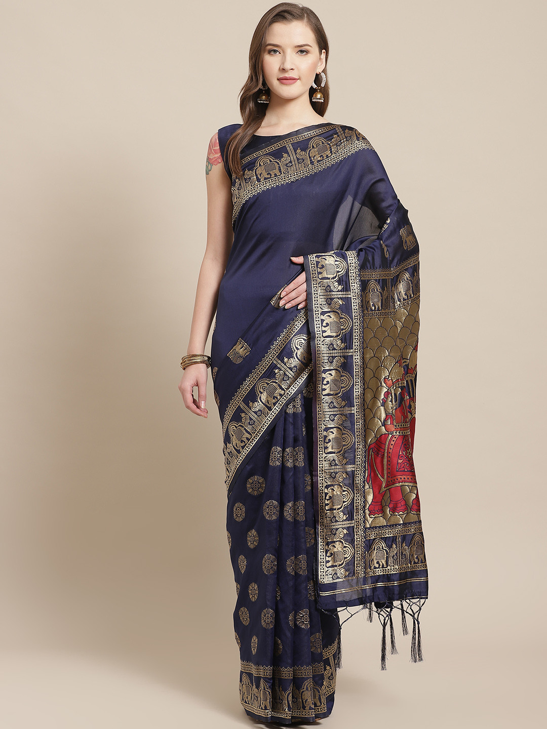 

Saree mall Navy Blue & Golden Ethnic Elephant Motifs Woven Design Banarasi Saree