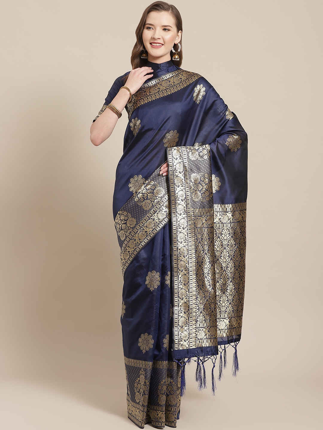 

Saree mall Navy Blue & Golden Ethnic Motifs Woven Design Banarasi Saree