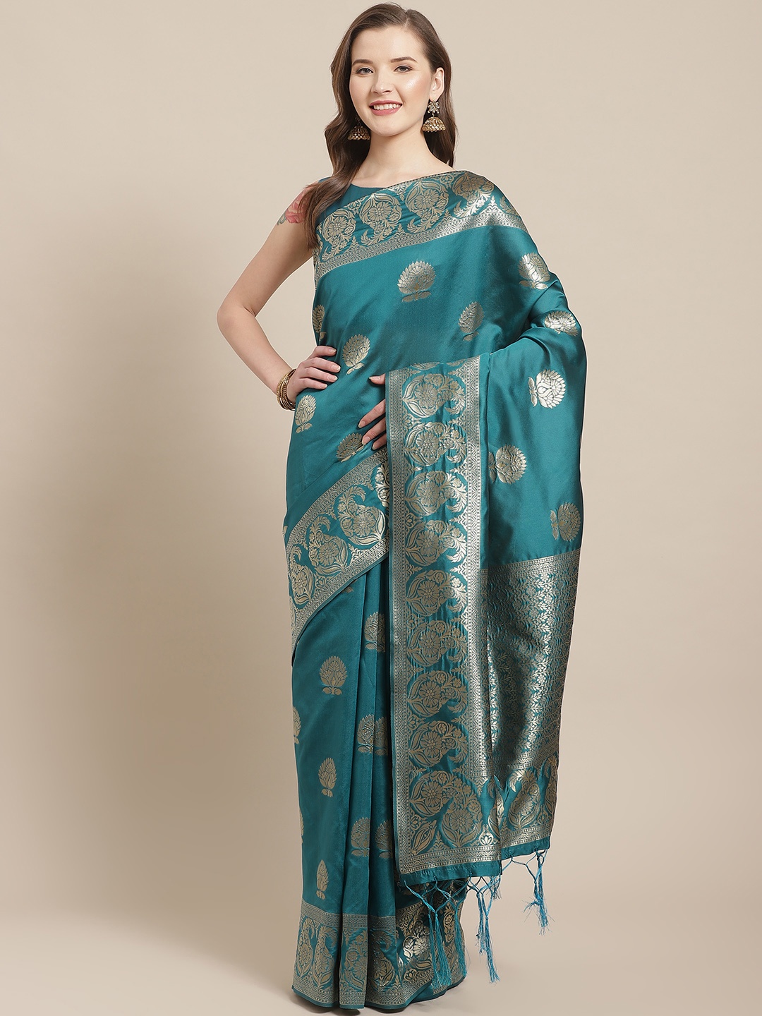 

Saree mall Teal Blue & Golden Ethnic Motifs Woven Design Banarasi Saree