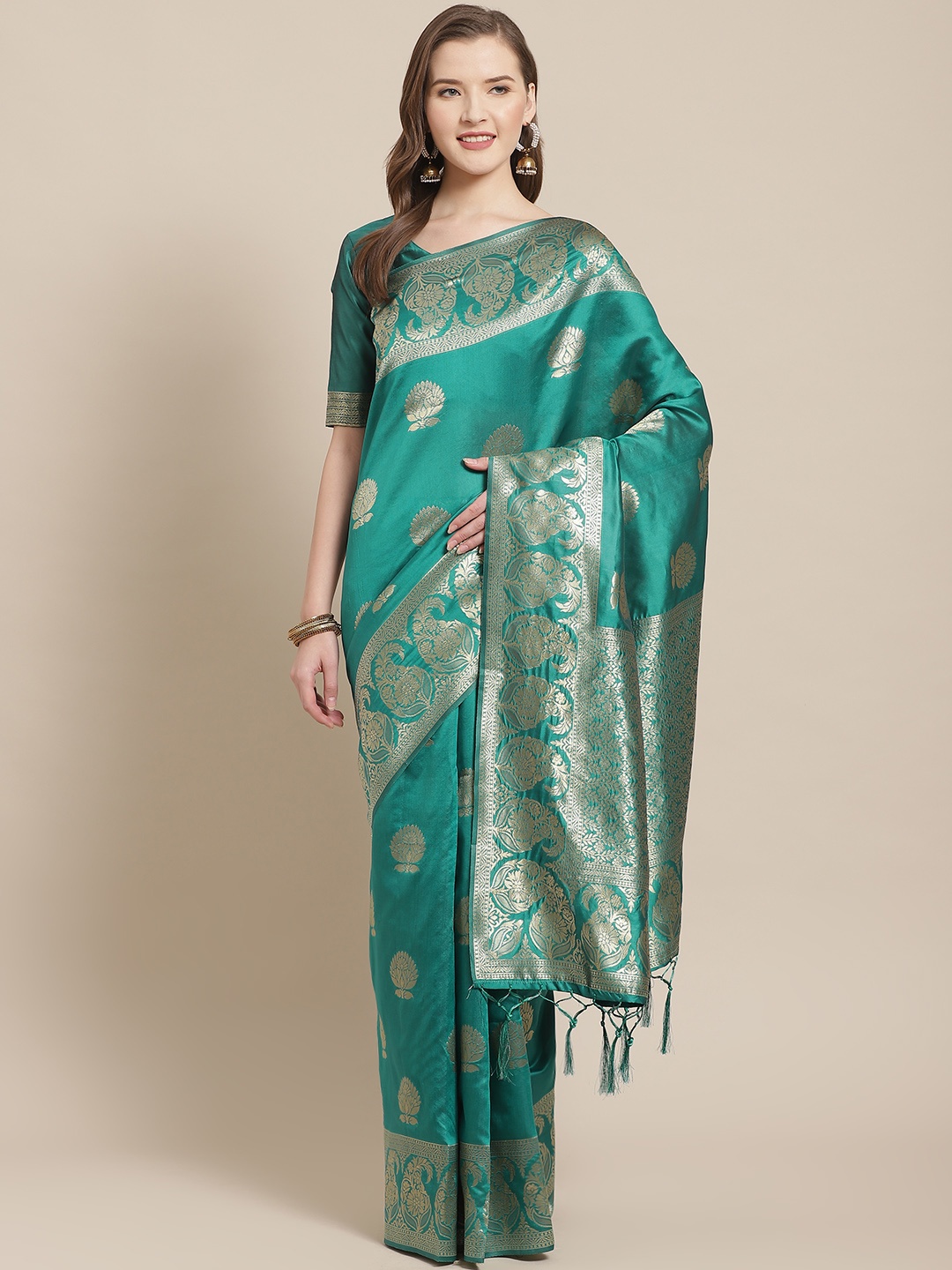 

Saree mall Teal Green & Golden Ethnic Motifs Woven Design Banarasi Saree