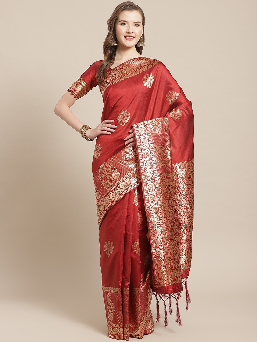 

Saree mall Red & Golden Ethnic Motifs Woven Design Banarasi Saree