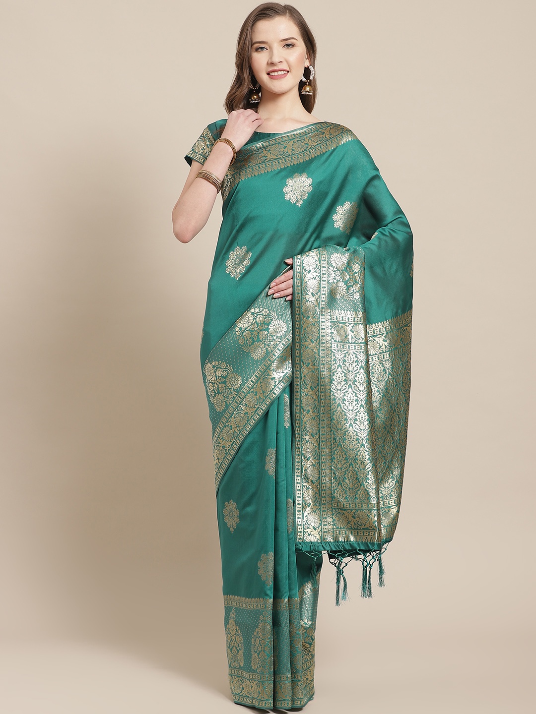 

Saree mall Teal Green & Golden Ethnic Motifs Woven Design Banarasi Saree