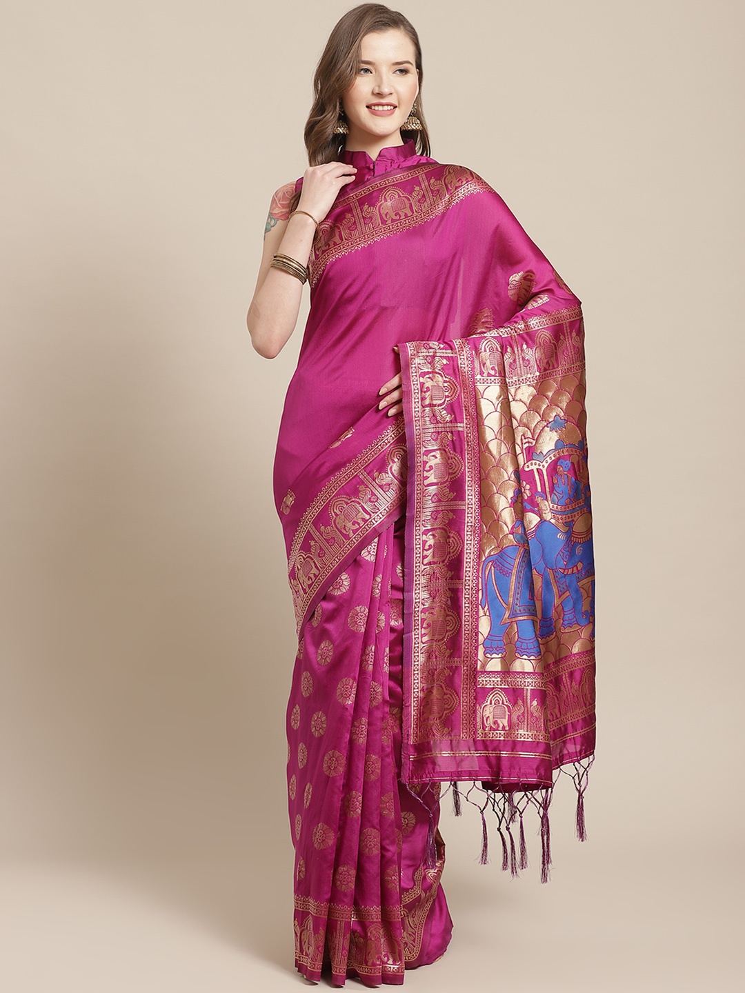 

Saree mall Fuchsia & Golden Ethnic Motifs Zari Woven Design Banarasi Saree