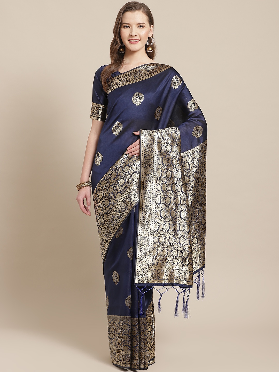 

Saree mall Navy Blue & Golden Ethnic Motifs Zari Woven Design Banarasi Saree