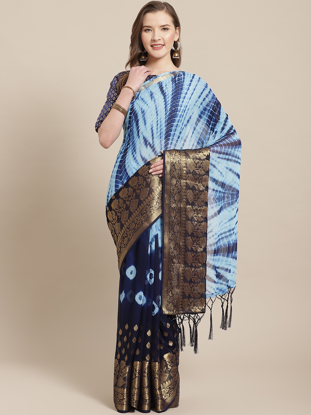 

Saree mall Blue & Golden Bandhani Print Zari Woven Design Banarasi Saree