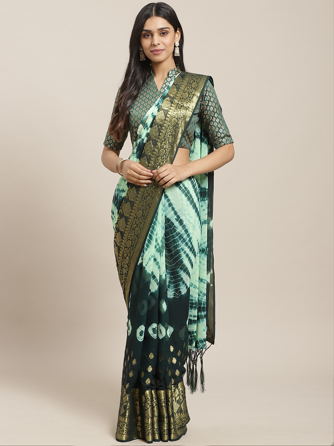 

Saree mall Green Bandhani Print Ethnic Zari Woven Design Banarasi Saree