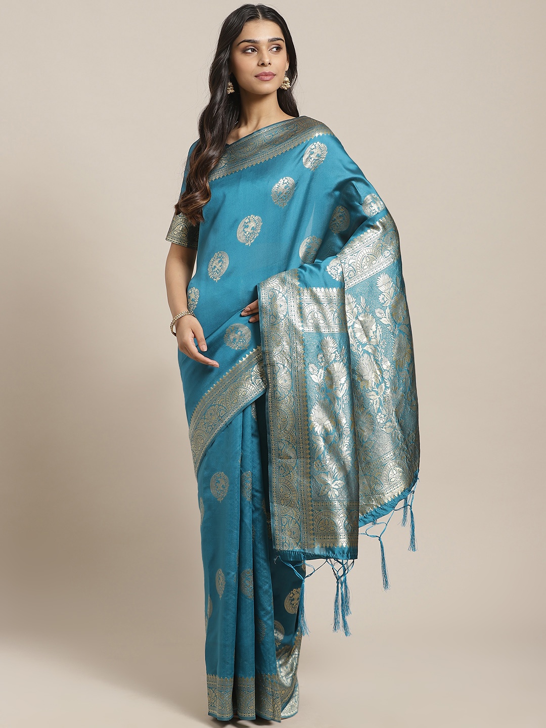 Saree mall Blue & Golden Woven Design Banarasi Saree