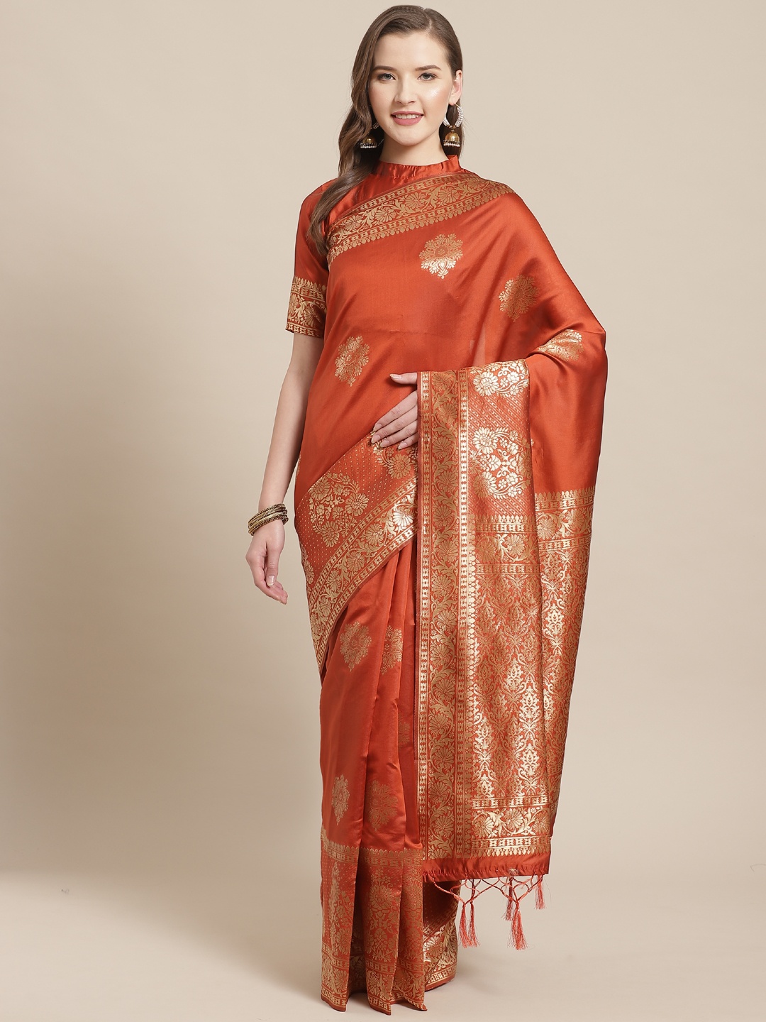 

Saree mall Rust Orange & Golden Woven Design Banarsi Saree
