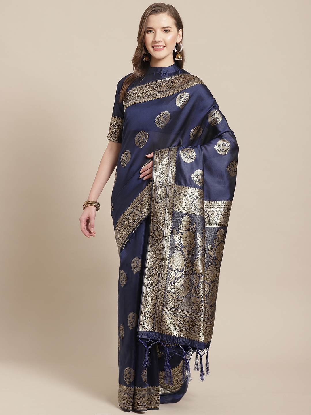 

Saree mall Navy Blue & Golden Ethnic Motifs Zari Woven Design Banarasi Saree