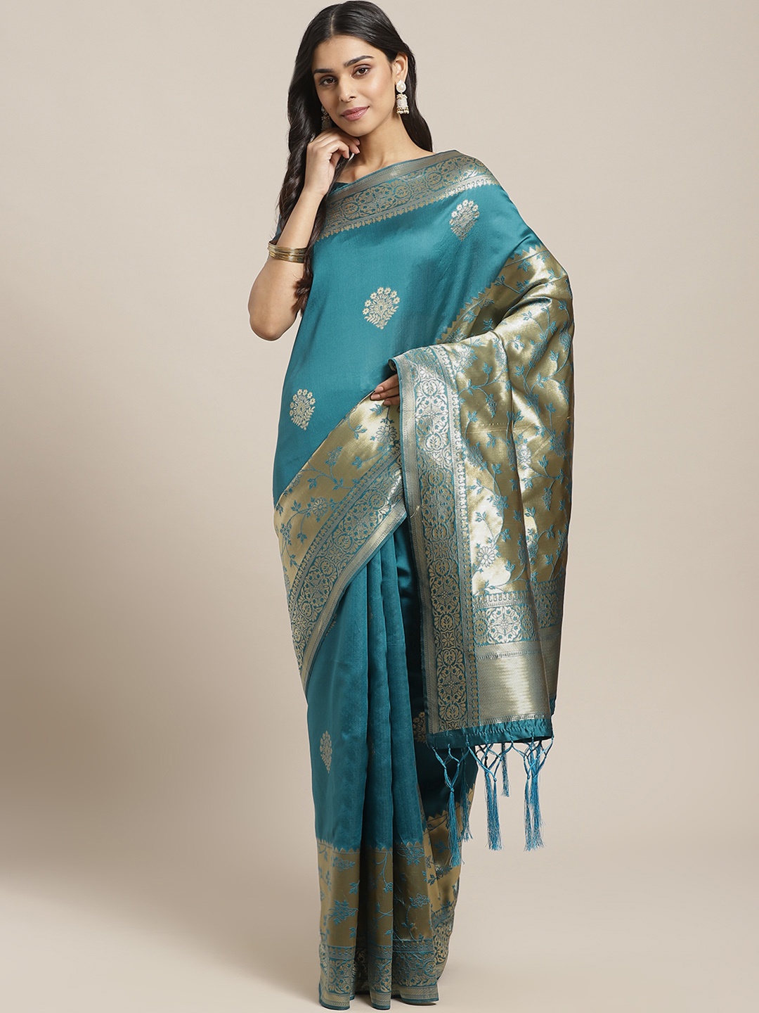 

Saree mall Teal Blue & Golden Woven Design Banarasi Saree