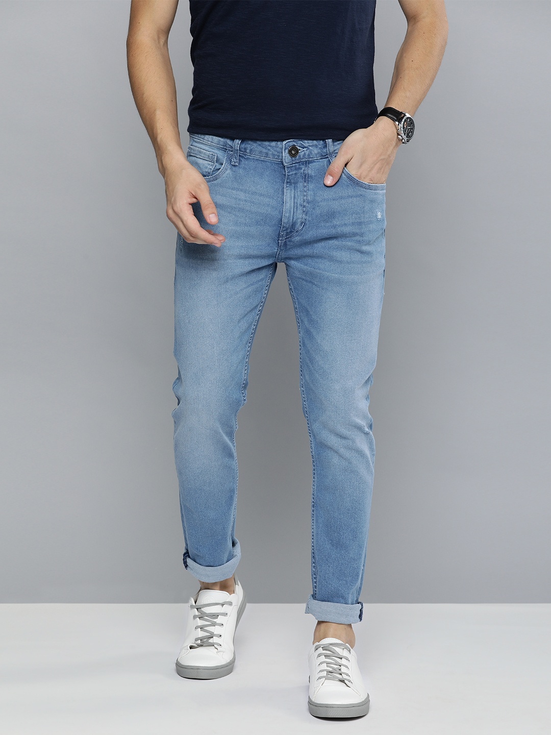 

Mast & Harbour Men Blue Skinny Fit Mid-Rise Low Distress Stretchable Jeans