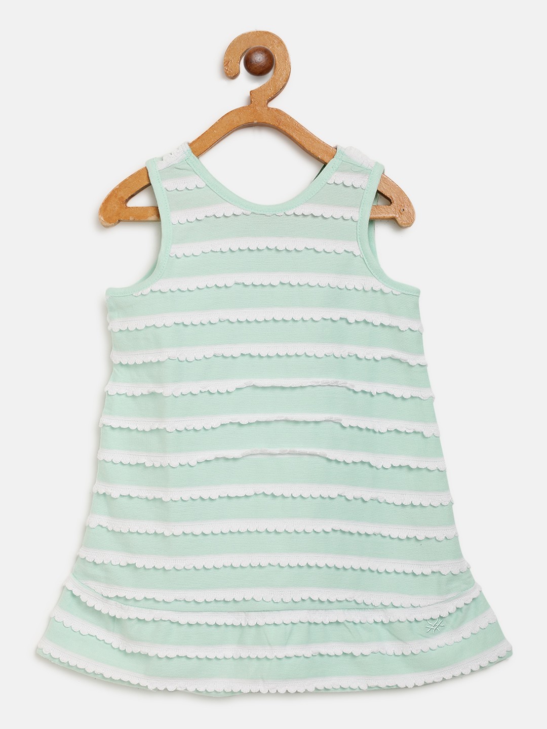 

United Colors of Benetton Girls Green & White Striped Scalloped Lace A-Line Dress