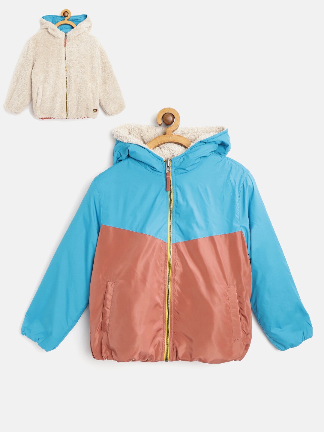 

Cherry Crumble Kids Blue & Peach-Coloured Colourblocked Reversible Hooded Tailored Jacket