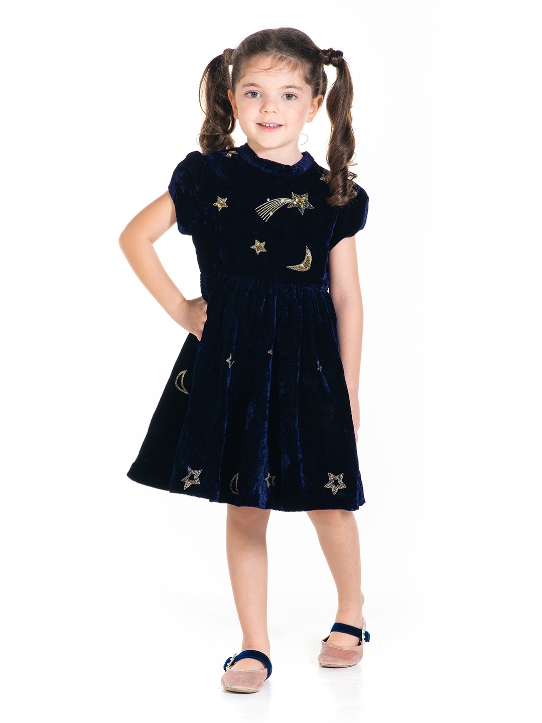 

Cherry Crumble Girls Navy Blue & Gold-Toned Embellished Velvet Finish Fit and Flare Dress