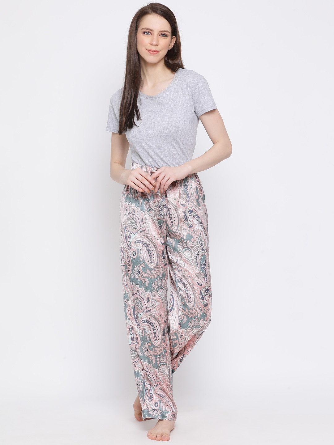 

Oxolloxo Women Pink & Blue Paisley Printed Satin Lounge Pants