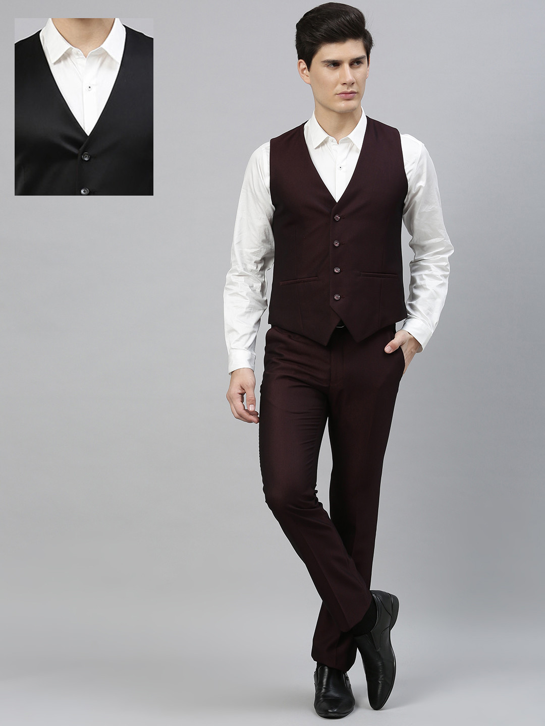 

V Dot Men Pack of 2 Burgundy & Black Self-Design Skinny Fit Single-Breasted Formal Suit