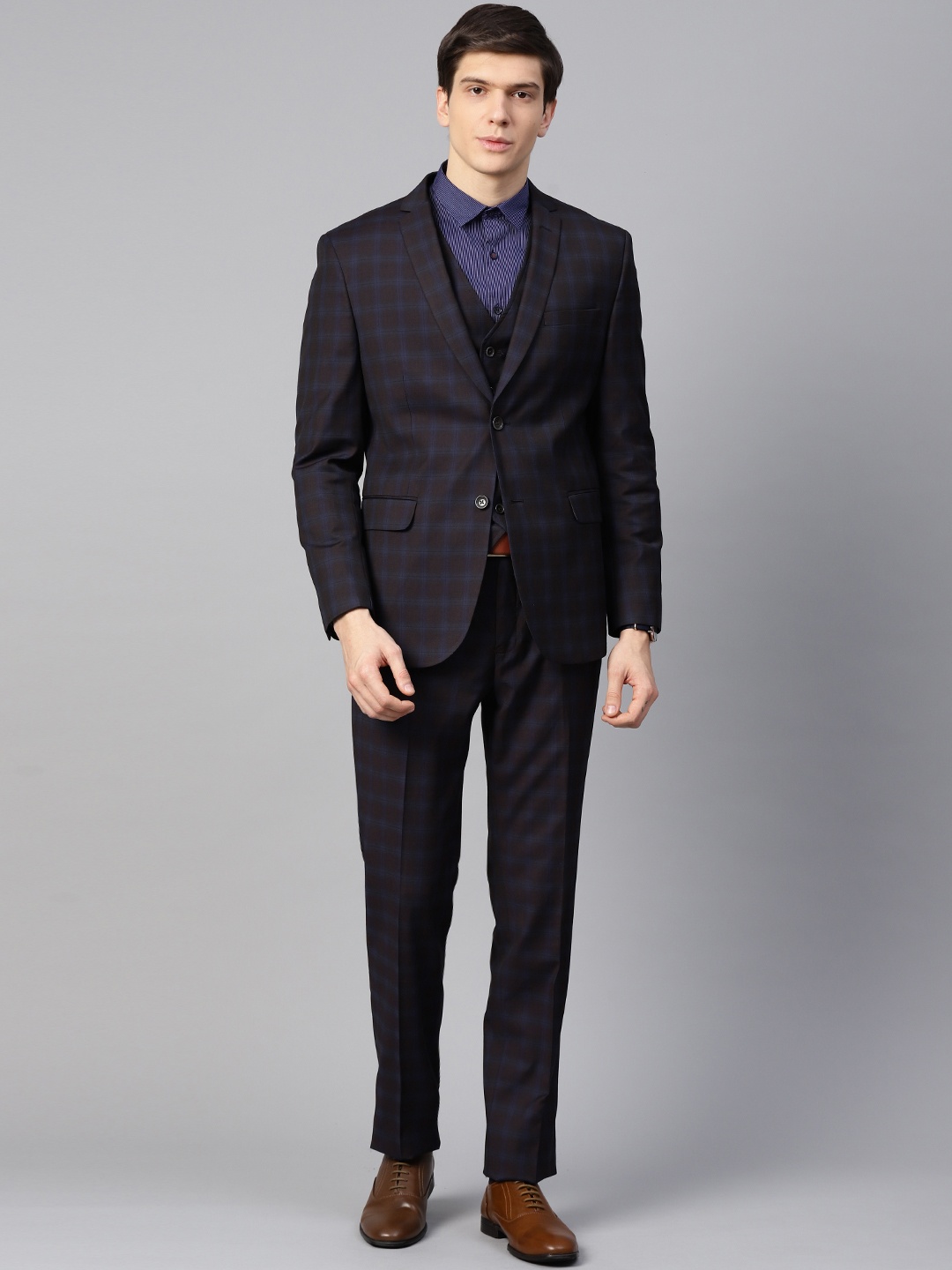 

Van Heusen Men Brown & Navy Blue Slim Fit Checked Single-Breasted 3-Piece Formal Suit