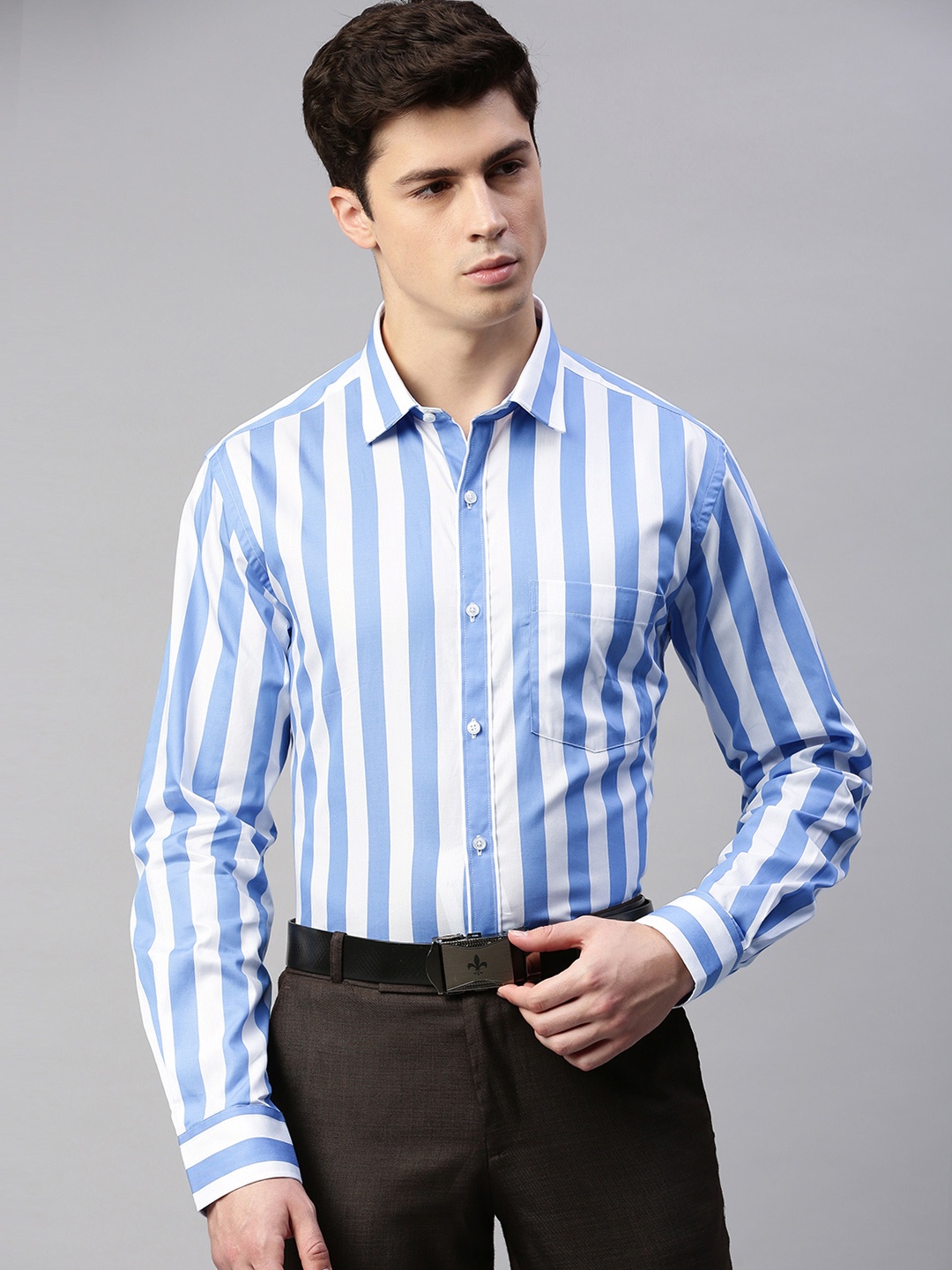 

Park Avenue Men Blue & White Slim Fit Striped Formal Shirt