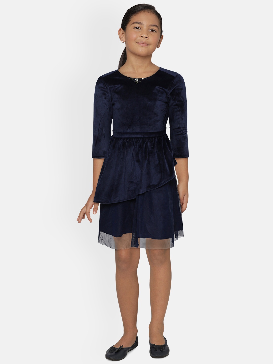 

Gini and Jony Girls Navy Blue Solid Velvet Finish Fit and Flare Dress