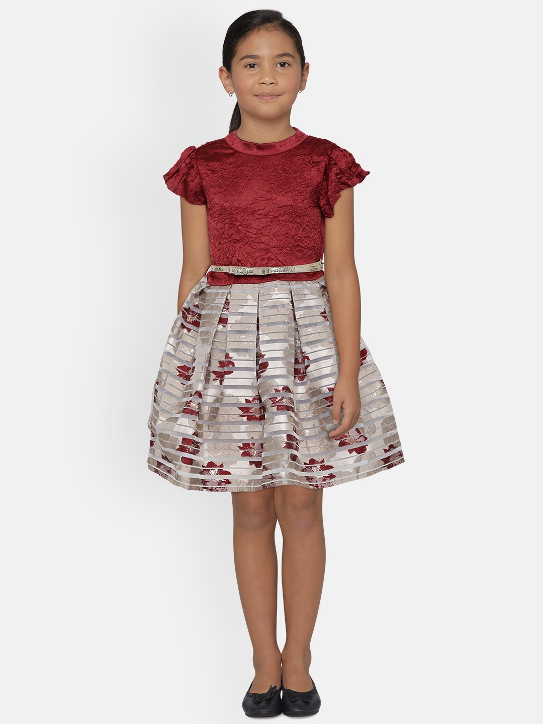 

Gini and Jony Girls Maroon & Taupe Self Design Fit & Flare Dress with Belt