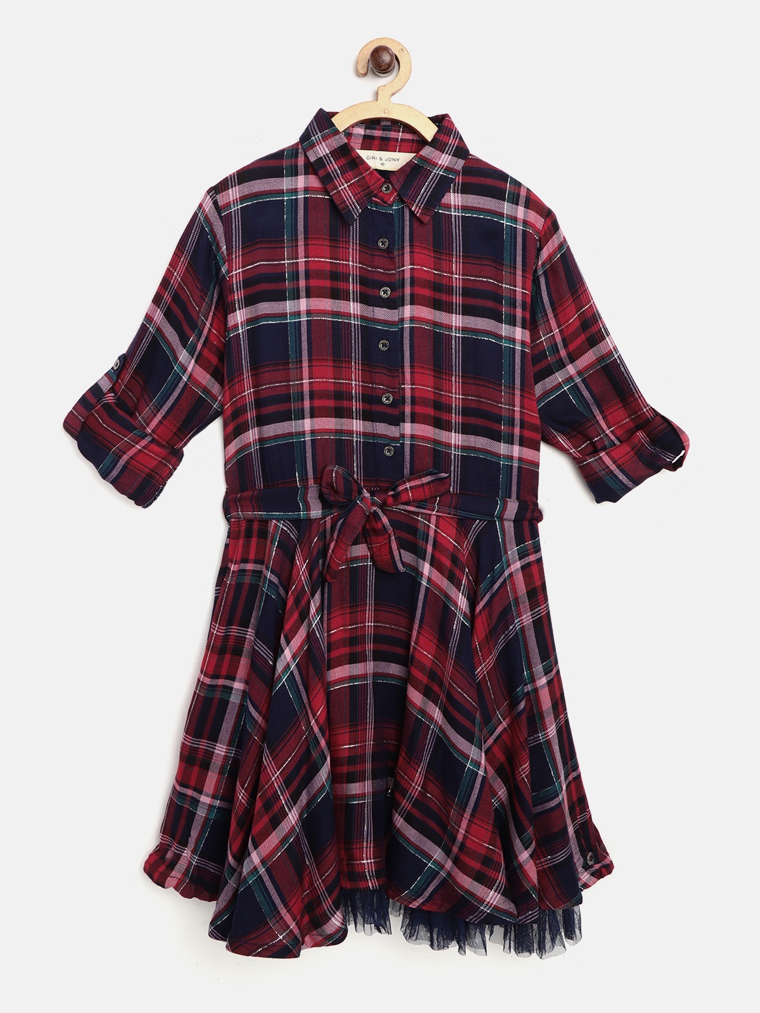 

Gini and Jony Girls Maroon & Navy Blue Checked A-Line Dress With Belt