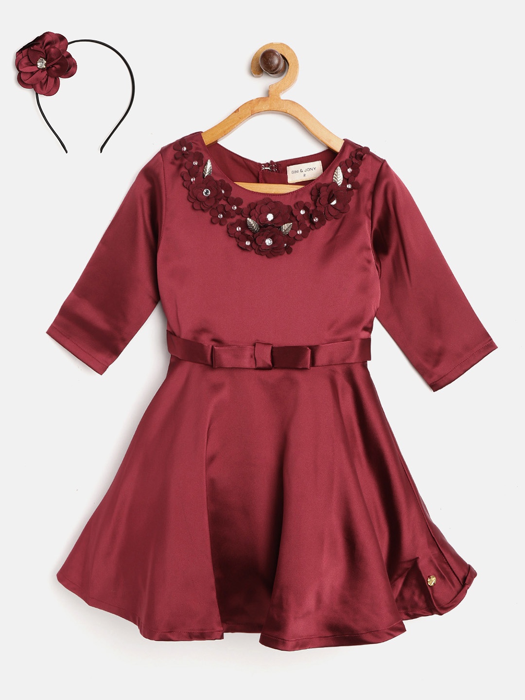 

Gini and Jony Girls Maroon Solid Fit and Flare Dress with Hairband