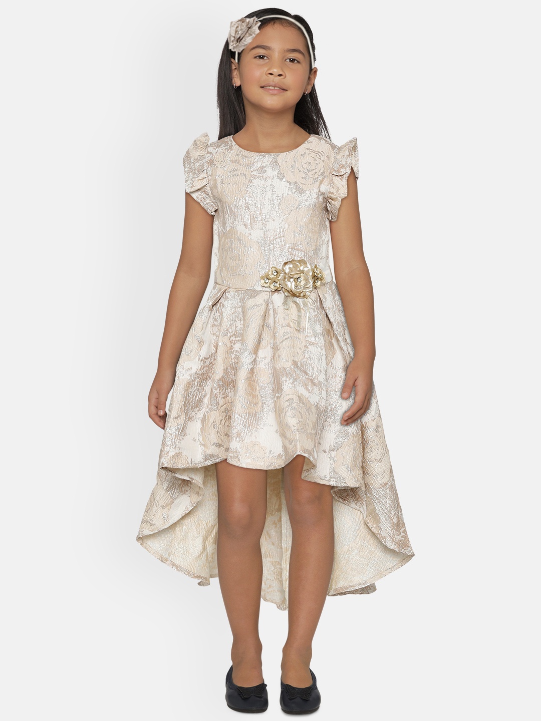 

Gini and Jony Girls Beige Floral Self Design Fit & Flare Dress with Hairband & Brooch