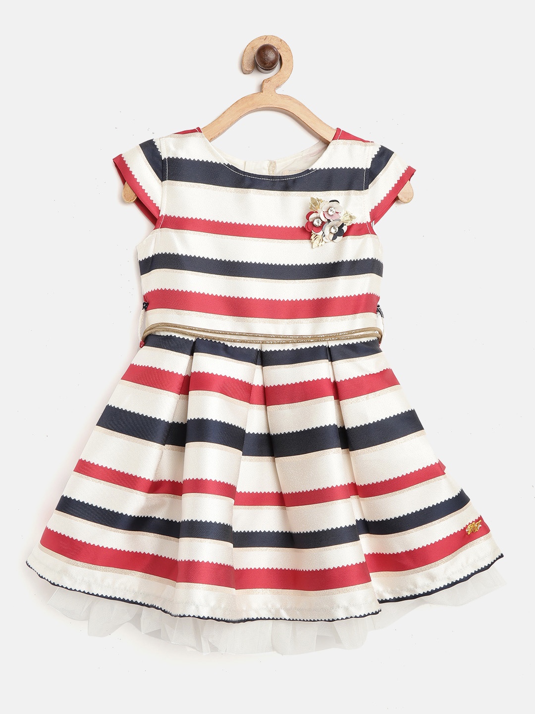 

Gini and Jony Girls White Striped & Red Fit and Flare Dress With Belt & Brooch