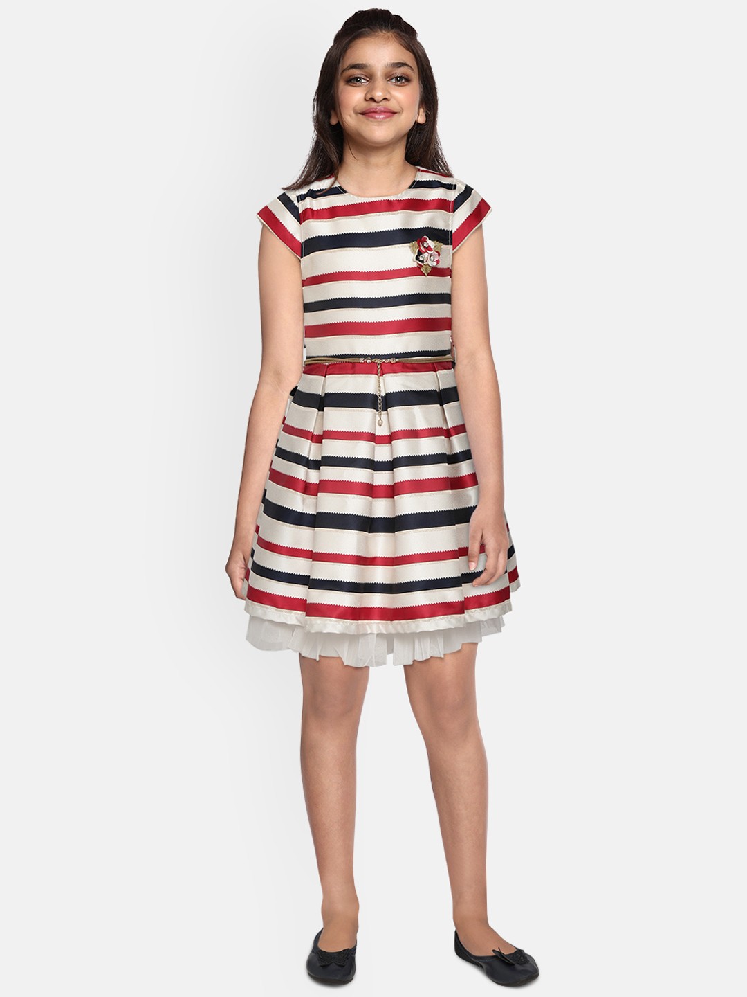 

Gini and Jony Girls Red & Navy Blue Striped Fit and Flare Dress with Brooch & Belt