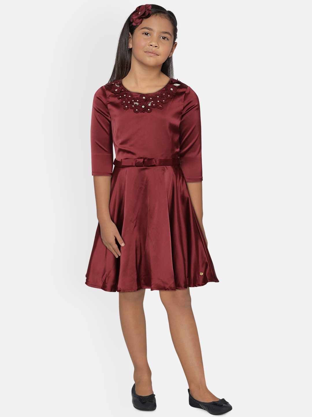 

Gini and Jony Girls Maroon Solid A-Line Dress With Hairband