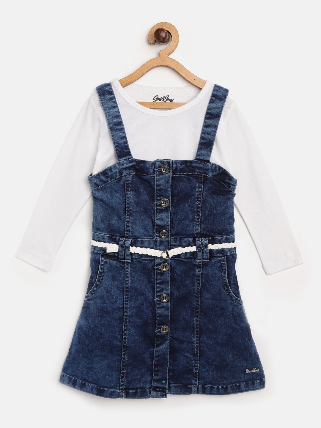 

Gini and Jony Girls White & Navy Blue Solid T-shirt with Pinafore dress